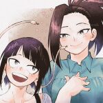  2girls black_eyes black_hair blush boku_no_hero_academia breasts brown_background casual cheek_poking closed_mouth collarbone couple height_difference highres jirou_kyouka large_breasts long_hair looking_at_another mon_hrak multiple_girls open_mouth petals poking short_hair simple_background twitter_username watermark white_background yaoyorozu_momo yuri 