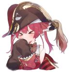  &gt;_&lt; 1girl bangs blush commentary_request covering_mouth hair_ribbon hat highres hololive houshou_marine long_hair o_(jshn3457) off_shoulder pirate pirate_hat red_ribbon redhead ribbon sleeveless sleeves_past_wrists solo twintails virtual_youtuber white_background 