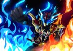  1boy black_bodysuit blue_armor blue_eyes blue_fire bodysuit build_driver clenched_hands commentary_request crank cross-z_great dragon finishing_move fire flame flame_print galaxy glowing glowing_armor glowing_eyes gold_trim highres incoming_attack incoming_punch kamen_rider kamen_rider_build_(series) kamen_rider_cross-z male_focus otokamu punching ribbed_bodysuit science_fiction solo tokusatsu universe western_dragon 