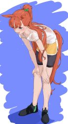  1girl absurdres animal_ears bike_shorts black_shoes black_shorts blue_eyes blunt_bangs blush bow collarbone green_bow hair_bow highres horse_ears horse_girl horse_tail leaning_forward one_eye_closed open_mouth orange_hair orange_shorts ponytail shirt shoes shorts silence_suzuka_(umamusume) smile sneakers solo sweat tail takamaza umamusume wet white_shirt 