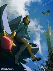  1girl blue_hoodie bo_(bouillustration) closed_mouth clouds commentary_request day emolga from_below grass hair_ornament highres hood hood_down hoodie leggings lida_(pokemon) long_hair long_sleeves mega_starmie outdoors pokemon pokemon_(creature) pokemon_legends:_z-a ribbed_socks riding riding_pokemon shoes sky smile socks starmie topknot white_shoes white_socks 