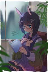  1girl animal_ears black-framed_eyewear black_hair blue_eyes blush book bow bowtie braid braided_ponytail breasts closed_mouth crown_braid ear_ornament ear_scrunchie glasses green_shawl holding holding_book horse_ears horse_girl horse_tail indoors koruri long_hair looking_at_viewer medium_breasts plant potted_plant purple_sailor_collar purple_serafuku purple_shirt purple_skirt purple_thighhighs rain reading sailor_collar sailor_shirt school_uniform serafuku shawl shirt sitting skirt solo tail thigh-highs tracen_school_uniform umamusume white_bow white_bowtie window zenno_rob_roy_(umamusume) 
