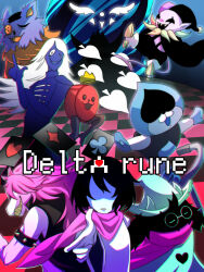  1boy 1girl 1other 2021 2d ambiguous_gender animal_ears anthro armlet armor black_armlet black_background black_cape black_fur black_jacket black_sclera blue_hair blue_skin bodysuit c._round cape card cat checkered_floor colored_sclera copyright_name creature crown deltarune digital_media droopy_ears effort_kai fangs female floppy_ears furry furry_male gauntlets glasses goat goat_boy green_hat green_robe hair_over_eyes hat heart highres horns human humanoid imp jacket jester jester_hat jevil kris_(dark_world)_(deltarune) kris_(deltarune) lancer_(deltarune) lizard lizard_girl long_hair male monster monster_girl open_mouth outstretched_arms pink_hair pink_scarf pink_skin pointing pointing_forward pointy_ears purple_fur purple_skin ralsei ralsei_(hat) reptile reptile_girl robe round_eyewear rouxls_kaard scalie scarf seam_(deltarune) sharp_teeth short_hair simple_background sleeveless sleeveless_jacket spade_(shape) spiked_armlet susie_(dark_world)_(deltarune) susie_(deltarune) tail teeth text uniform utdr_(toby_fox) white_hair wizard_hat yellow_teeth 