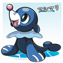  artist_name blush border bright_pupils character_name commentary english_commentary fang full_body gradient_background highres no_humans open_mouth pokemon pokemon_(creature) popplio simple_background solo translation_request white_border white_pupils woofzilla 