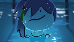  1girl chainsaw_man chibi chibi_only child's_drawing commentary_request hair_ornament hanamiya_nina_(style) highres i'll_teach_you_everything_(chainsaw_man) looking_at_viewer otomune_kozue partially_submerged pool purple_hair side_ponytail solo sunkeun wet 