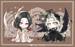  2girls a_gloomy_start_(shining_nikki) angel_and_devil angel_wings apple bare_shoulders black_collar black_dress black_gloves black_hair black_tiara black_wings blue_halo blush braid brown_background chibi chinese_commentary circlet cloak closed_mouth collar commentary_request cross cross_earrings crown_braid demon_girl demon_horns detached_collar detached_sleeves dress dustless_feathers_(shining_nikki) earrings elbow_gloves expressionless feather-trimmed_dress feather-trimmed_gloves feather_hair_ornament feathered_wings feathers flower food forehead frilled_dress frills fruit gate gem gloves gown hair_flower hair_ornament hair_over_shoulder halo hexagram high_collar holding holding_food holding_fruit holding_scythe hood hood_up hooded_cloak horn_flower horns jewelry lace-trimmed_collar lace_trim layered_dress light_blush light_frown long_dress long_hair long_sleeves looking_at_viewer multiple_girls multiple_wings necklace nikki_(series) petals picture_frame pink_eyes plant pleated_dress print_dress red_gemstone rose rose_petals scythe seraph shining_nikki skeletal_wings slit_pupils smirk smug sparkle standing star_(symbol) star_in_eye strapless strapless_dress symbol_in_eye tiara traditional_halo translucent_horns tsurime very_long_hair vines watermark wavy_hair weibo_watermark white_cloak white_dress white_horns white_sleeves white_wings wings xiaoyu_qixing yellow_eyes yellow_flower yellow_rose 