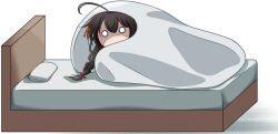  1girl ahoge bed bed_sheet black_hair braid chibi hair_flaps hair_over_shoulder hiding kantai_collection long_hair looking_at_viewer o_o pillow shigure_(kancolle) shigure_kai_san_(kancolle) simple_background single_braid solo toms white_background 