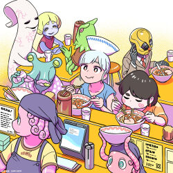  1girl 3boys 4others :t alien apron bandana black_hair blonde_hair blue_shirt bowl bright_pupils brown_eyes chopsticks cup drinking_glass eating extra_mouth food hashtag-only_commentary highres holding holding_chopsticks humanoid_robot lips multiple_boys multiple_others necktie noodles object_on_head original pinstripe_pattern pinstripe_suit ponytail ramen red_necktie restaurant robot shirai_keita shirt short_sleeves sleeveless stool suit table tentacle_hair tentacles white_pupils yellow_shirt 