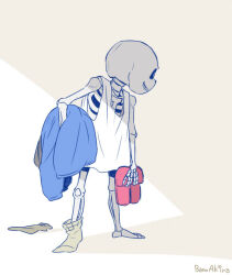 1boy 2016 2d bano_akira black_shorts blue_jacket bottomless digital_media full_body grey_hood holding holding_clothes holding_footwear holding_jacket holding_shoes holding_slippers hollow_eyes hood hood_down hooded_jacket humanoid jacket looking_away male male_focus male_only monster monster_boy pink_slippers ribs sans_(undertale) shorts simple_background single_vertical_stripe skeleton slippers socks solo standing striped_shorts tank_top teeth undead undertale unworn_jacket unworn_slippers unworn_socks utdr_(toby_fox) vertical-striped_clothes vertical-striped_shorts white_background white_socks white_stripes white_tank_top 