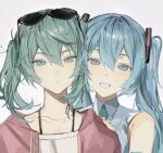  2girls aqua_eyes aqua_hair aqua_necktie bangs collared_shirt dual_persona eyewear_on_head green_eyes green_hair grey_shirt hair_between_eyes hatsune_miku highres jacket looking_at_viewer multiple_girls necktie parted_lips pkokonatu red_jacket shirt simple_background smile suna_no_wakusei_(vocaloid) sunglasses twintails upper_body vocaloid white_background 