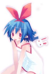  :p archived_source blue_hair blush collarbone disgaea dress hairband harada_takehito_(style) looking_at_viewer lowres medium_hair nippon_ichi pleinair rabbit red_eyes red_hairband red_ribbon red_trim ribbon shoulder_blush simple_background sitting solo_focus tongue tongue_out usagi-san white_background white_dress 