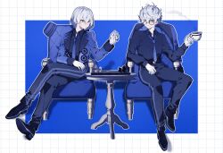  2boys :3 akechi_gorou alternate_costume alternate_hair_color amamiya_ren armchair black-framed_eyewear blue_background blue_jacket blue_necktie blue_pants blue_shirt blue_shoes board_game border chair chess chessboard closed_mouth commentary_request cup full_body glasses gloves grid_border hair_between_eyes hand_up highres holding holding_cup jacket lapels male_focus multiple_boys necktie open_clothes open_jacket outside_border pants persona persona_5 shirt shoes short_hair sitting table turning_head velvet_room white_border white_gloves white_hair yellow_eyes zenbu_genkakuda 