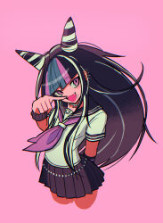  1girl :3 absurdres arm_behind_back black_hair black_sailor_collar black_skirt blue_hair blue_streaks collared_shirt commentary_request cropped_legs danganronpa_(series) danganronpa_2:_goodbye_despair ear_piercing face_piercing fang hair_horns highres hiuhhhhhh long_hair mioda_ibuki mouth_piercing multicolored_hair neckerchief open_mouth piercing pink_background pink_eyes pink_hair pink_neckerchief pink_streaks sailor_collar school_uniform scrunchie serafuku shirt short_sleeves simple_background skirt smile solo streaked_hair white_hair white_shirt wrist_scrunchie 