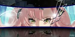  ! 1girl artist_name black_ribbon building commentary english_commentary eye_focus green_eyes hair_ornament hairclip highres hollow_(zenless_zone_zero) kurimako looking_at_viewer mole mole_under_eye nicole_demara persona pink_hair reflection ribbon scene_reference solo twintails zenless_zone_zero 