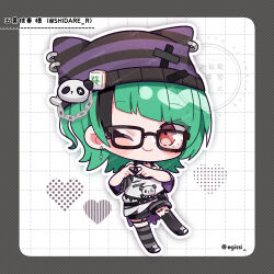  1girl ;) black-framed_eyewear black_border black_shoes black_shorts black_thighhighs blunt_bangs blush_stickers border character_name chibi chibi_only closed_mouth commentary_request earrings egissi four-finger_heart_hands full_body glasses gokou_shidare green_hair grid_background hat heart heart_hands highres indie_virtual_youtuber jewelry looking_at_viewer one_eye_closed outline purple_hat red_eyes sample_watermark shirt shoes short_hair short_sleeves shorts smile sneakers solo standing striped_clothes striped_hat striped_sleeves striped_thighhighs thigh-highs twitter_username virtual_youtuber watermark watermark_grid white_background white_outline white_shirt 