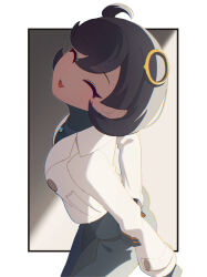  1girl ^_^ absurdres ass black_bodysuit black_gloves black_hair bodysuit closed_eyes coat commentary_request emma_(pokemon) gloves highres long_sleeves open_mouth pokemon pokemon_legends:_z-a short_hair smile solo two-tone_background white_background white_coat yanagino_(yanagino3) 