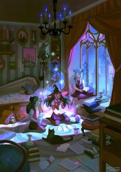  3girls backpack bag bird black_cat black_hair blue_hair book book_stack bow candle casting_spell cat chandelier choker coffin commentary crescent_choker crow crystal_ball drink earrings english_commentary fantasy globe glowing green_hair hair_bow hat head_wings highres holding holding_book holding_drink indian_style indoors jewelry long_hair magic maxine_vee multiple_girls night night_sky original pantyhose patreon_username picture_frame purple_skirt red_vest school_uniform shirt sitting skirt sky star_(sky) starry_sky stuffed_animal stuffed_toy vest white_shirt window wings witch witch_hat yokozuwari 