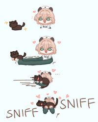  1girl animal_ears black_cat brown_hair cat green_eyes heart highres huffing indie_virtual_youtuber long_arms medium_hair nimi_nightmare nimi_nightmare_(1st_costume) open_mouth sappysque side_ponytail smelling smile tapir_ears virtual_youtuber 