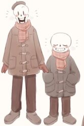  2023 2boys 2d alternate_costume artist_name beret black_pants blue_coat brothers brown_coat brown_gloves brown_hat brown_pants cacaonibs00 coat cropped digital_media duo full_body gloves grey_shoes hands_in_pockets height_difference humanoid male male_focus male_only monster monster_boy multiple_boys notice_lines pants papyrus_(undertale) sans_(undertale) scarf shoes siblings simple_background skeleton standing straight-on teeth twitter_username u_u undead undertale utdr_(toby_fox) white_background winter_clothes |_| 