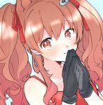  1girl angelina_(arknights) angelina_(summer_flowers)_(arknights) animal_ears arknights bangs bare_shoulders blush brown_hair closed_mouth fox_ears fox_girl gloves ko1_ab long_hair official_alternate_costume red_eyes solo swimsuit twintails 