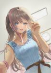  1girl blouse blue_eyes blurry blurry_background bracelet brown_hair clock collarbone earrings foreshortening highres jewelry kurusu_natsume long_hair long_skirt mimikaki multicolored_hair necklace nijisanji open_mouth pink_hair sakuramomo sash shirt skirt sleeveless sleeveless_shirt smile solo streaked_hair watch watch 