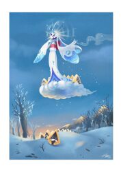  blawn_z blue_eyes blue_sclera clouds colored_sclera evolutionary_line floating froslass highres horns ice mega_froslass mega_pokemon no_humans open_mouth outdoors pokemon pokemon_(creature) pokemon_focus sky smile snorunt snow snowflakes teeth tree yellow_sclera 