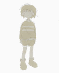  1other 2024 2d ambiguous_gender boots child digital_media double_horizontal_stripe frisk_(undertale) full_body highres horizontal-striped_clothes human monochrome oekaki other_focus shirt shomimima_(kkr_mimi16) short_hair shorts simple_background sketch solo standing striped_clothes striped_shirt undertale utdr_(toby_fox) white_background 