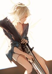 1boy absurdres anz1105 arknights assault_rifle backlighting between_legs blue_jacket chinese_commentary closed_mouth collarbone energy_wings enforcer_(arknights) gun hair_flaps hair_over_one_eye halo highres holding holding_gun holding_weapon jacket lapels male_focus notched_lapels open_clothes open_jacket rifle shirt short_hair short_shorts shorts sideways_glance simple_background sitting sleeve_cuffs smile solo three-quarter_sleeves traditional_halo v-neck violet_eyes weapon weapon_between_legs white_background white_shirt white_shorts 