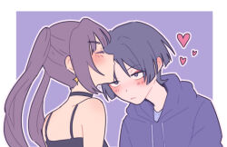 1boy 1girl alternate_costume bare_shoulders black_camisole black_choker black_hair blunt_bangs blunt_ends blush border camisole casual choker closed_eyes closed_mouth contemporary couple drawstring earrings eyelashes eyeliner eyeshadow facing_another genshin_impact head_down heart hetero highres hood hood_down hoodie jewelry kiss kissing_forehead long_hair looking_at_another makeup mona_(genshin_impact) naysucc outline pink_hair purple_background purple_hood purple_hoodie red_eyeliner red_eyeshadow sanpaku scaramouche_(genshin_impact) sidelocks spaghetti_strap star_(symbol) star_earrings twintails violet_eyes white_border white_outline wispy_bangs 