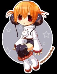  1girl 2000s_(style) archived_source black_leotard black_socks blush chibi collared_shirt cropped_shirt drawstring earmuffs full_body hair_between_eyes knees_together_feet_apart leotard long_sleeves looking_at_viewer lowres milktea_(aoiexk) open_mouth orange_hair original outline over-kneehighs red_eyes retro_artstyle shirt shoes short_hair sleeves_past_wrists socks solo star_(symbol) straight_hair teeth thigh-highs transparent_background upper_teeth_only white_outline white_shoes white_sleeves wide_sleeves 