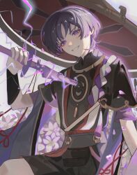  1boy arm_up chinese_commentary drawing_sword electricity evil_grin evil_smile eyeliner floral_background flower from_above genshin_impact grey_background grin hair_between_eyes hat head_tilt highres holding holding_sword holding_weapon human_scabbard japanese_clothes jingmodeyilisen katana knee_up leaning_to_the_side looking_at_viewer makeup musou_isshin_(genshin_impact) powering_up purple_hair red_eyeliner scaramouche_(genshin_impact) shade short_hair short_sleeves smile solo sword teeth upper_body violet_eyes weapon wide_sleeves 