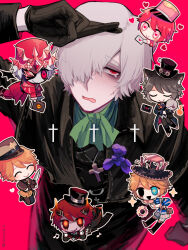  6+boys albino andrew_kreiss ascot bags_under_eyes black_capelet black_eyes black_gloves black_robe blonde_hair blue_eyes blush capelet character_doll chibi closed_eyes cowboy_shot cross cross_necklace cross_scar crossed_fingers demon_wings disembodied_head doll flower gloves glowing glowing_eyes green_ascot grey_hair hair_over_one_eye half-closed_eyes hand_on_own_head heart heart-shaped_pupils heterochromia highres holding holding_knife identity_v iris_(flower) jewelry knife latin_cross looking_at_viewer male_focus multiple_boys multiple_persona necklace official_alternate_costume open_mouth pale_skin pink_background red_eyes red_hair robe scar scar_on_face single_tear smile striped_blush symbol-shaped_pupils tearing_up tendenbarabara thick_eyebrows victor_grantz victor_grantz_("the_prince") victor_grantz_(keyboard) victor_grantz_(specter) victor_grantz_(the_embrace) white_hair wings 