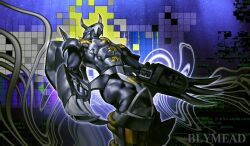  armor black_armor black_skin blackwargreymon blonde_hair bly_mead claw_(weapon) colored_skin digimon digimon_(creature) digimon_adventure_02 dinosaur_boy dragon fake_horns helmet highres horned_helmet horns male_focus mechanical_wings muscular muscular_male naked_armor reptile_boy shoulder_spikes sleeveless spikes weapon wings 