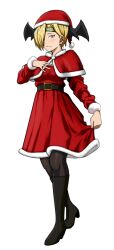  1girl black_footwear blonde_hair boots dragon_girl dress ear_piercing green_headband hair_over_one_eye head_wings headband piercingboku_no_hero_academia ryuukyuu santa_costume santa_dress santa_hat short_hair simple_background smile solo tatsuma_ryuko white_background wings yellow_eyes 