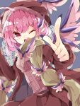  1girl alternate_costume animal_ears bird_ears bird_wings blush brown_coat brown_headwear brown_skirt coat fingernails highres index_finger_raised long_fingernails long_sleeves mystia_lorelei nail_polish nikorashi-ka one_eye_closed open_clothes open_coat open_mouth pink_eyes pink_hair pink_wings purple_nails sharp_fingernails short_hair skirt solo teeth touhou upper_teeth winged_hat wings 