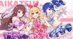  3girls :d aikatsu! aikatsu!_(series) bare_shoulders blonde_hair blue_hair blue_neckerchief blue_scrunchie blue_skirt bow bow_hairband brown_hair collared_shirt copyright_name cowboy_shot cropped_shirt crossed_bangs detached_sleeves dot_nose frilled_cuffs frilled_shirt frilled_sleeves frills grin hair_between_eyes hair_bow hair_ornament hair_scrunchie hairband hands_up hashtag-only_commentary highres holding_hands hoshimiya_ichigo idol idol_clothes jiu_(jiwoo_owo9) kiriya_aoi lapels light_blush long_hair looking_at_viewer midriff midriff_peek miniskirt multiple_girls navel neckerchief necktie notched_lapels one_eye_closed outline pink_bow pink_vest plaid_clothes plaid_skirt puffy_short_sleeves puffy_sleeves purple_shirt purple_skirt purple_sleeves reaching reaching_towards_viewer red_bow red_eyes red_hairband red_necktie sailor_collar scrunchie shibuki_ran shirt short_sleeves sidelocks skirt smile standing straight_hair teeth upper_teeth_only vest violet_eyes white_outline white_sailor_collar white_wrist_cuffs wrist_cuffs yellow_shirt 