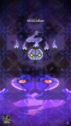 blue_fire chandelier chandelure fire full_body highres looking_at_viewer meme_(sleepsheep) no_humans pokemon pokemon_(creature) pokemon_focus purple_fire reflection yellow_eyes 