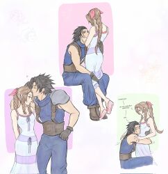  1boy 1girl aerith_gainsborough anna_m armor arms_around_back arms_behind_back baggy_pants bare_shoulders black_hair blue_eyes blue_pants blue_sweater boots braid braided_ponytail brown_boots brown_hair couple crisis_core_final_fantasy_vii dress english_commentary english_text feet_out_of_frame final_fantasy final_fantasy_vii full_body green_eyes hair_ribbon hand_on_another's_back hands_on_another's_cheeks hands_on_another's_face hetero highres hug kiss kissing_forehead long_hair looking_at_another looking_at_viewer multiple_views pants parted_bangs pink_ribbon ponytail ribbed_sweater ribbon sandals shoulder_armor sitting sleeveless sleeveless_dress sleeveless_turtleneck spiky_hair standing sweater turtleneck turtleneck_sweater zack_fair 