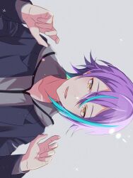  1boy asymmetrical_sidelocks blue_hair commentary double-parted_bangs earrings glint grey_background hair_between_eyes hands_up highres jacket jewelry kamishiro_rui long_sleeves looking_at_viewer male_focus multicolored_hair open_mouth project_sekai purple_hair short_hair sidelocks sideways solo split-color_hair symbol-only_commentary tokooo000 two-tone_hair upper_body yellow_eyes 