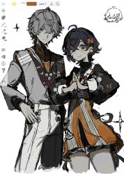  1boy 1girl accessories art_program_in_frame beads beizi_(clothing) belle_(delicate_sunlight)_(zenless_zone_zero) belle_(zenless_zone_zero) blue_hair blush bracelet brother_and_sister chinese_clothes commentary_request dress dress_over_shirt earrings green_eyes grey_jacket hair_between_eyes hair_ornament hand_on_own_hip highres jacket jewelry letter_hair_ornament looking_at_viewer mizunako official_alternate_costume orange_dress palm-fist_greeting pants pantyhose short_hair siblings smile sparkle standing white_background white_pants white_pantyhose wise_(soaring_crane)_(zenless_zone_zero) wise_(zenless_zone_zero) zenless_zone_zero 