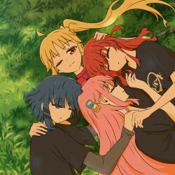  4girls amnsyr black_shirt blonde_hair bocchi_the_rock! bow bowtie closed_eyes closed_mouth commentary_request cube_hair_ornament cuddling dot_nose gotoh_hitori hair_ornament hand_on_another&#039;s_chest hand_on_another&#039;s_head hand_on_another&#039;s_shoulder highres ijichi_nijika kessoku_band kessoku_band_t-shirt kita_ikuyo layered_sleeves long_hair long_sleeves lying lying_on_person male_focus multiple_girls on_back on_ground on_side outdoors pink_hair red_bow red_bowtie red_eyes red_hair shirt short_over_long_sleeves short_sleeves side_ponytail sleeping split_mouth t-shirt undershirt yamada_ryo 