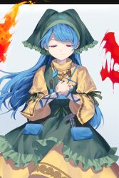  1girl apron arm_ribbon blue_hair blue_ribbon commentary_request cowboy_shot dress fire frills green_apron green_headscarf green_ribbon half-closed_eyes hammer haniyasushin_keiki headscarf highres jewelry keiki8296 long_hair magatama magatama_necklace necklace own_hands_together pink_eyes puffy_sleeves ribbon single_strap smile solo straight-on touhou turtleneck turtleneck_dress white_background yellow_dress 