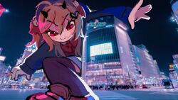  1girl :3 black_cardigan black_horns black_thighhighs bow bowtie broken_heart broken_heart_hair_ornament brown_hair brown_shoes cardigan closed_mouth demon_horns evil_neuro-sama giant giantess grey_skirt hair_between_eyes hair_ribbon heart highres horns long_hair long_sleeves pasharuu photo_background red_bow red_bowtie red_eyes red_ribbon ribbon shoes skirt solo thigh-highs two_side_up vedal_ai very_long_hair virtual_youtuber 