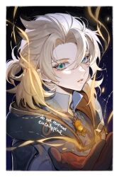  1boy albedo_(genshin_impact) aqua_eyes artist_name black_background blonde_hair blue_background blue_hoodie blue_shirt border braid brown_gloves eucalypink gem genshin_impact gloves gradient_background hair_between_eyes hand_up highres hood hoodie lips looking_at_viewer low_ponytail magic male_focus mandarin_collar open_clothes open_hoodie orange_gemstone ponytail scar scar_on_neck shirt short_hair short_ponytail short_sleeves solo teeth upper_body vision_(genshin_impact) white_border 