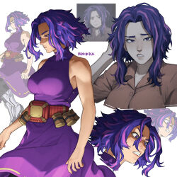  1girl artist_name belt boku_no_hero_academia breikka commentary derivative_work dress english_commentary jumpsuit lady_nagant multiple_views orange_jumpsuit pink_streaks purple_dress purple_hair red_belt screenshot_redraw short_hair sleeveless sleeveless_dress violet_eyes white_background 