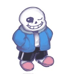  1boy 2023 2d black_shorts blue_jacket corrupted_twitter_file digital_media full_body grey_hood hands_in_pockets highres hollow_eyes hood hood_down hooded_jacket humanoid jacket male male_focus male_only monster monster_boy one_eye_closed open_clothes open_jacket pink_slippers sans_(undertale) shirt shorts simple_background single_vertical_stripe skeleton slippers socks solo standing striped_shorts teeth uchulups undead undertale utdr_(toby_fox) vertical-striped_clothes vertical-striped_shorts white_background white_shirt white_socks white_stripes 