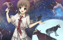  1girl :d aerial_fireworks baton_(weapon) blush brown_hair capelet commentary_request cow cowboy_shot expandable_baton fang fireworks folded_ponytail full_moon green_eyes hair_between_eyes happy highres holding_baton_(weapon) looking_at_viewer medium_hair moon necktie night night_sky open_mouth outdoors piza_rokumai pleated_skirt red_necktie school_uniform shirt skin_fang skirt sky smile solo subarashiki_hibi tachibana_kimika w_arms weapon white_capelet white_shirt white_skirt 
