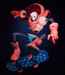  1boy 2025 3d black_background blender_(medium) blue_shorts bone_print boots cape character_print cyberolya derivative_work digital_media dog_print dynamic_pose gloves highres humanoid large_filesize male male_focus male_only monster monster_boy open_mouth outstretched_arms papyrus_(undertale) red_boots red_cape red_gloves shorts simple_background skateboard skateboarding skeleton solo teeth undead undertale utdr_(toby_fox) 