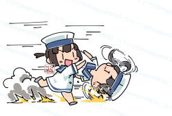 2girls artist_logo blue_sailor_collar bob_cut daitou_(kancolle) dated dress full_body hat kantai_collection kutone_shirika logo multiple_girls ponytail rolling running sailor_collar sailor_dress sailor_hat short_ponytail shounan_(kancolle) twintails white_dress white_hat |_| 