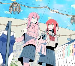  1girl blue_eyes blue_one-piece_swimsuit bocchi_the_rock! bow bowtie brown_shirt ceiling ceiling_light commentary cube_hair_ornament double-parted_bangs english_commentary from_below gotoh_hitori grey_skirt hair_between_eyes hair_ornament highres holding holding_unworn_clothes indoors jacket kita_ikuyo long_hair long_sleeves looking_at_viewer molttak one-piece_swimsuit one_side_up open_mouth pants pants_under_skirt parted_lips pink_hair pink_jacket pink_pants pleated_skirt red_bow red_bowtie red_hair school_uniform serafuku shirt shopping short_sleeves shuka_high_school_uniform skirt slice_of_life smile solo swimsuit unworn_swimsuit yellow_eyes 